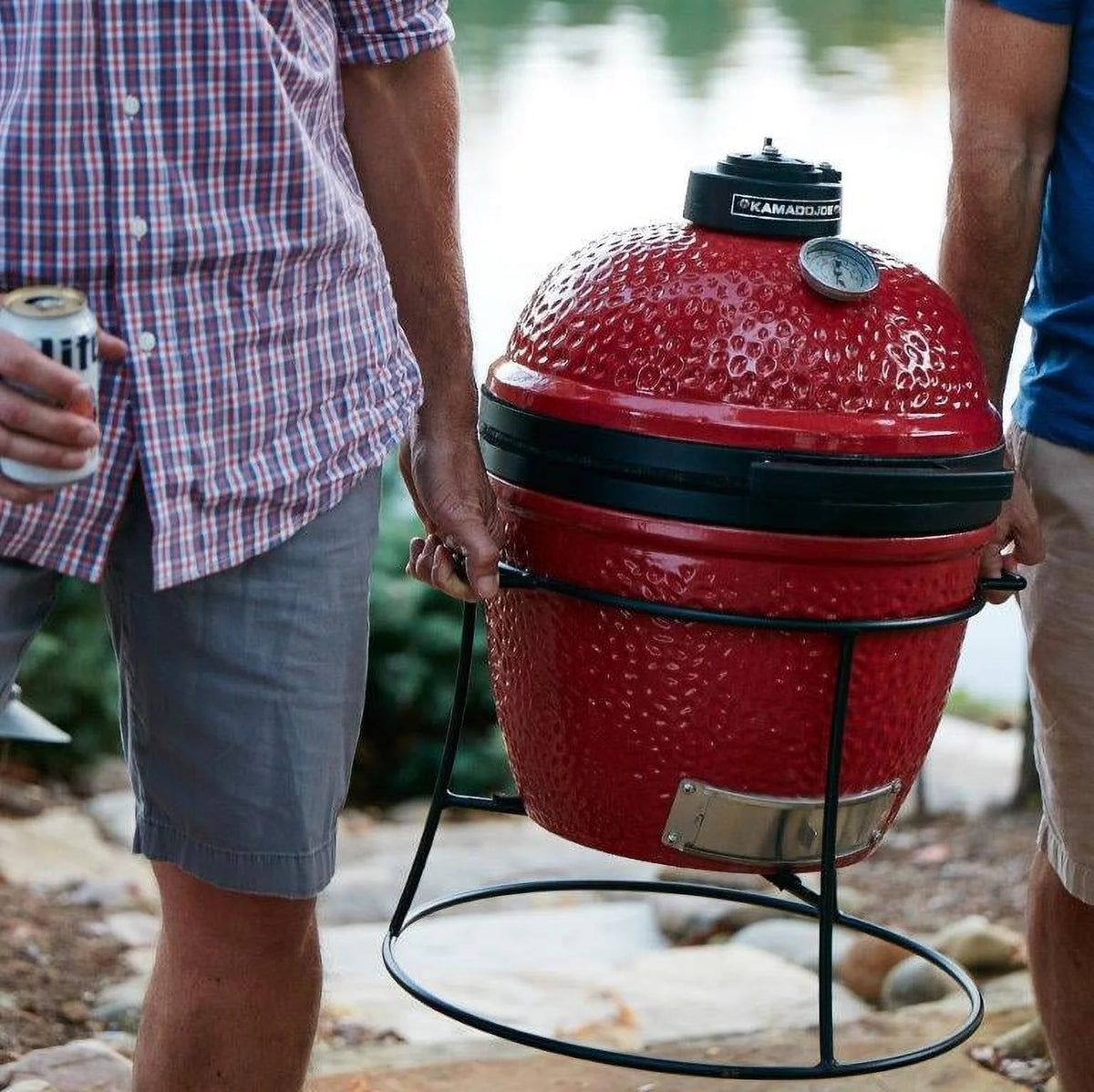 13.5 in. Portable Charcoal Grill in Red with Cast Iron Cart K8819
