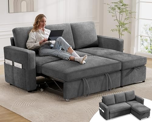81" Chenille Grey L Shaped Sleeper Sofa with Pull Out Bed N820