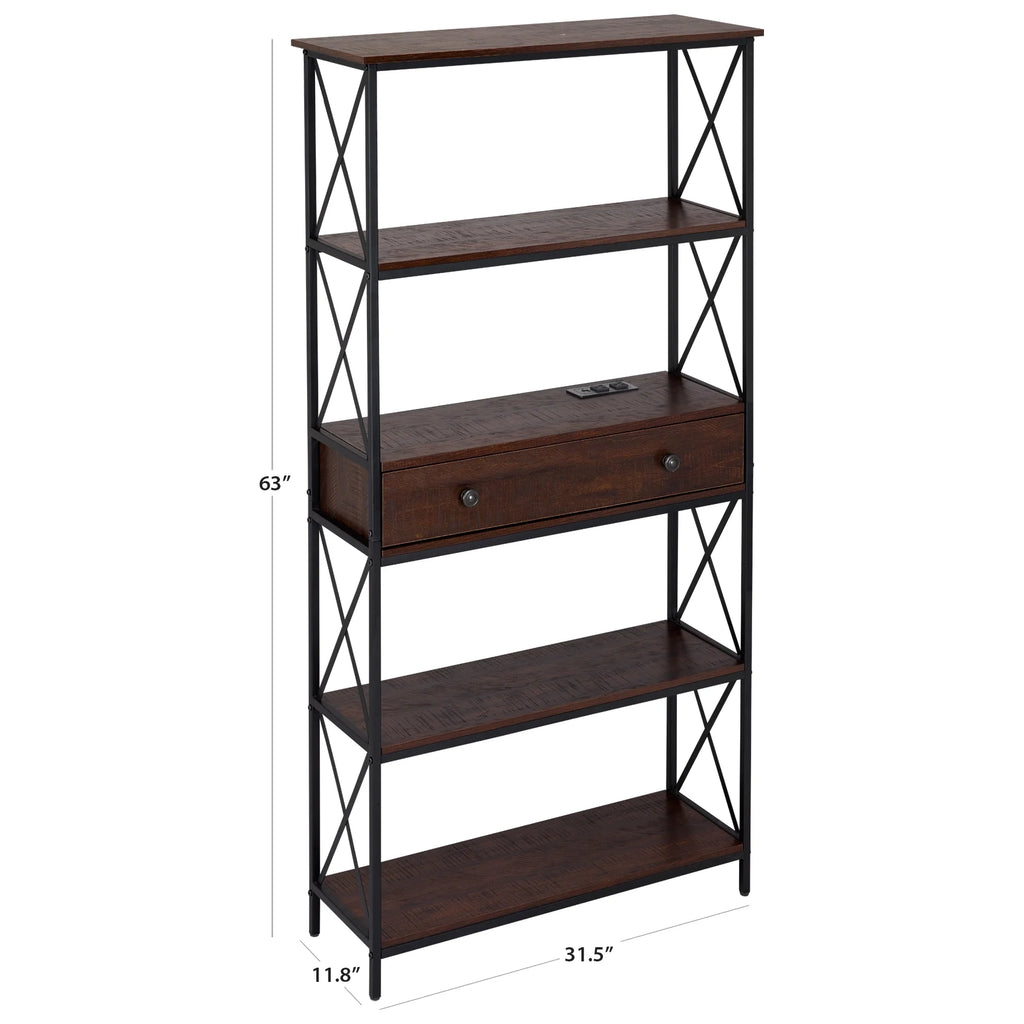 5 Shelf Bookcase with USB, AC Power Outlets and Drawer, Walnut J861594
