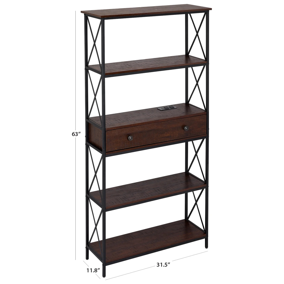 5 Shelf Bookcase with USB, AC Power Outlets and Drawer, Walnut J861594