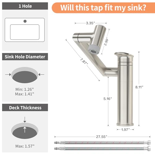 1080° Rotatable Height Adjustable Single Handle Bathroom Vanity Faucet with Temperature Display M823448