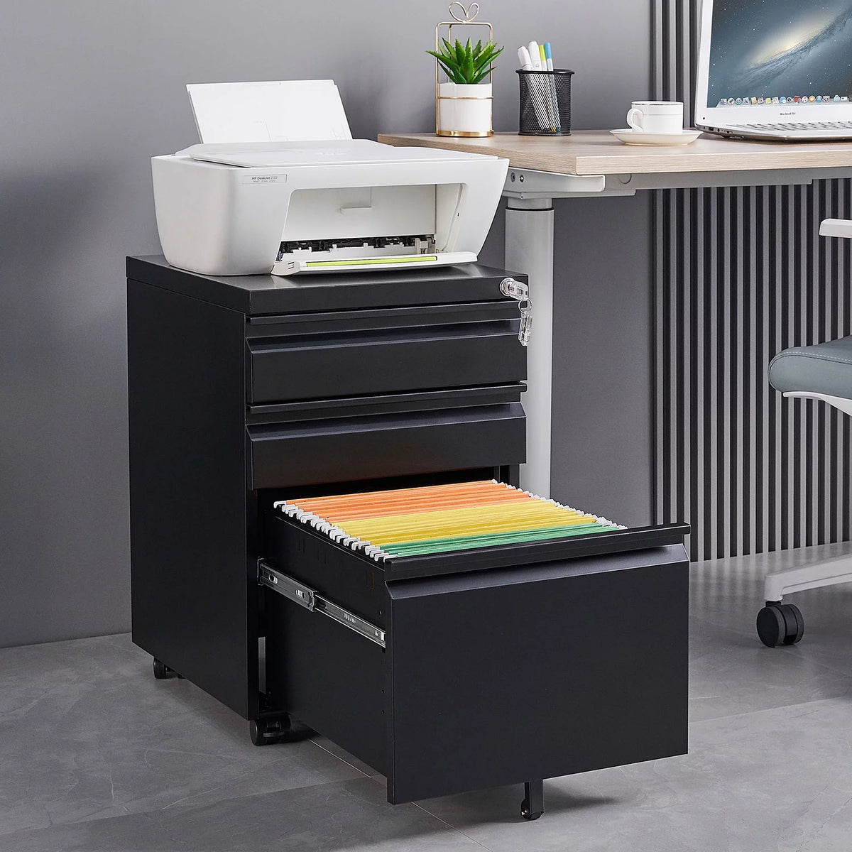 Black 3 Drawer Metal File Cabinet on Wheels C131