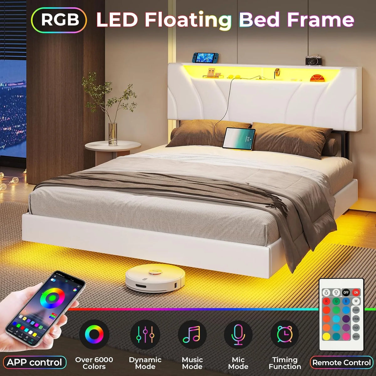 Black Queen Size LED Floating Platform Bed with Storage Headboard P27764