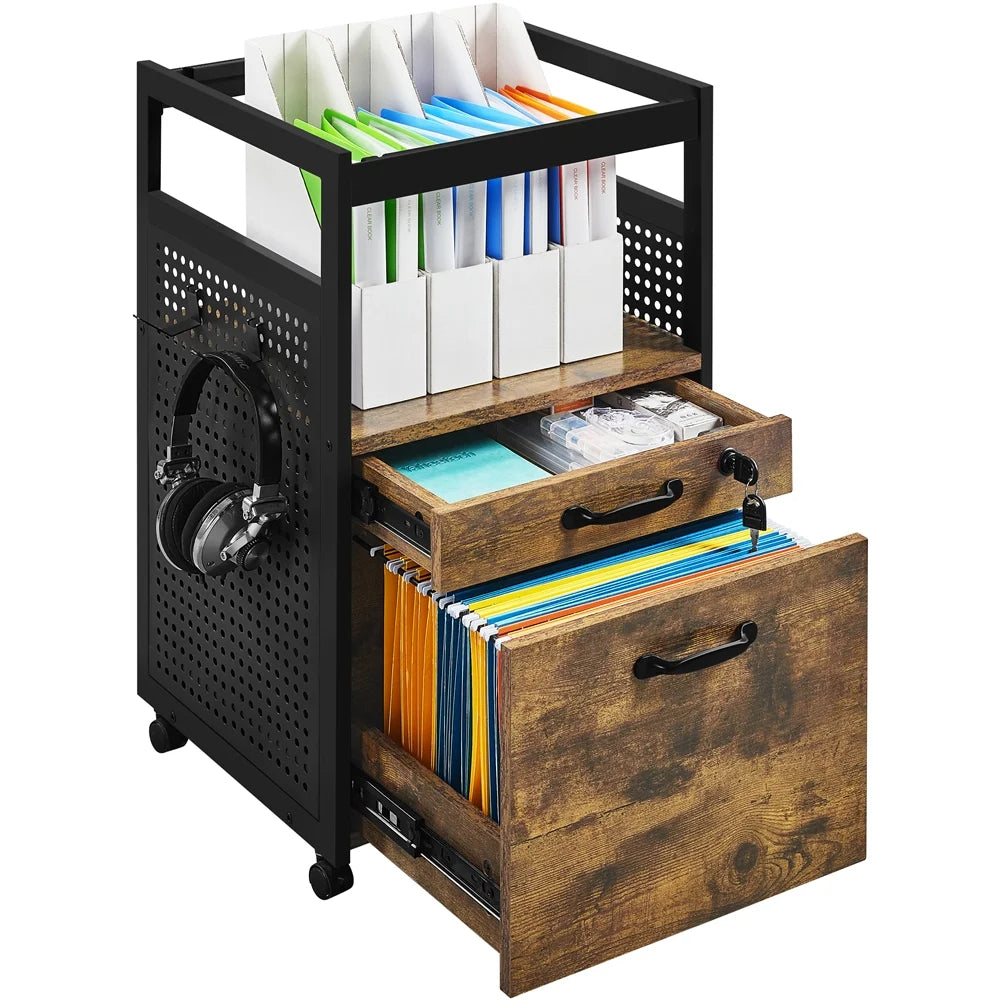 Industrial Rolling Wooden File Cabinet with Open Storage Shelf T28563