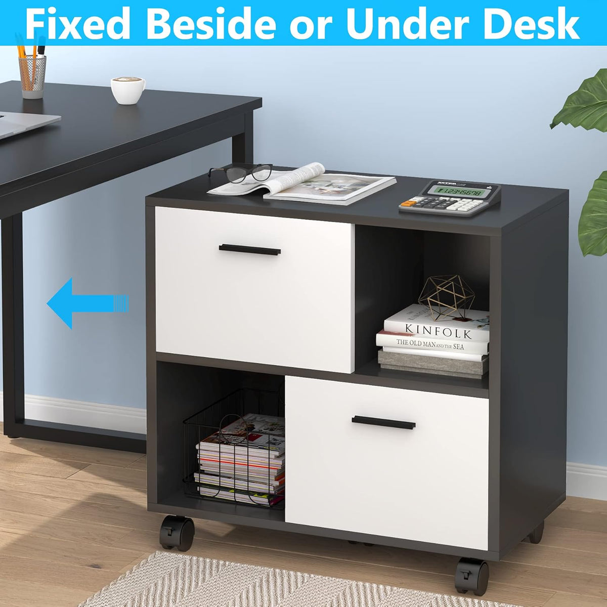Black & White 2 Drawer Mobile File Cabinet with Wheels C52021