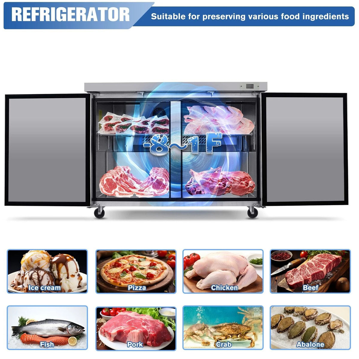 2-Door Stainless Steel Undercounter Work Top Freezer 14.1 Cu.Ft T2461