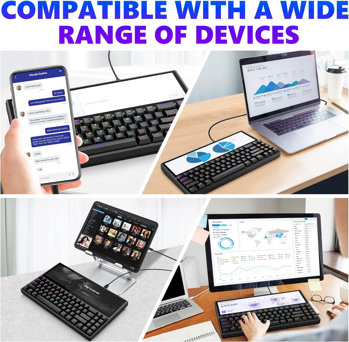 Mechanical Keyboard with Touchscreen, 71 Keys RGB LED Backlit, Black A247380