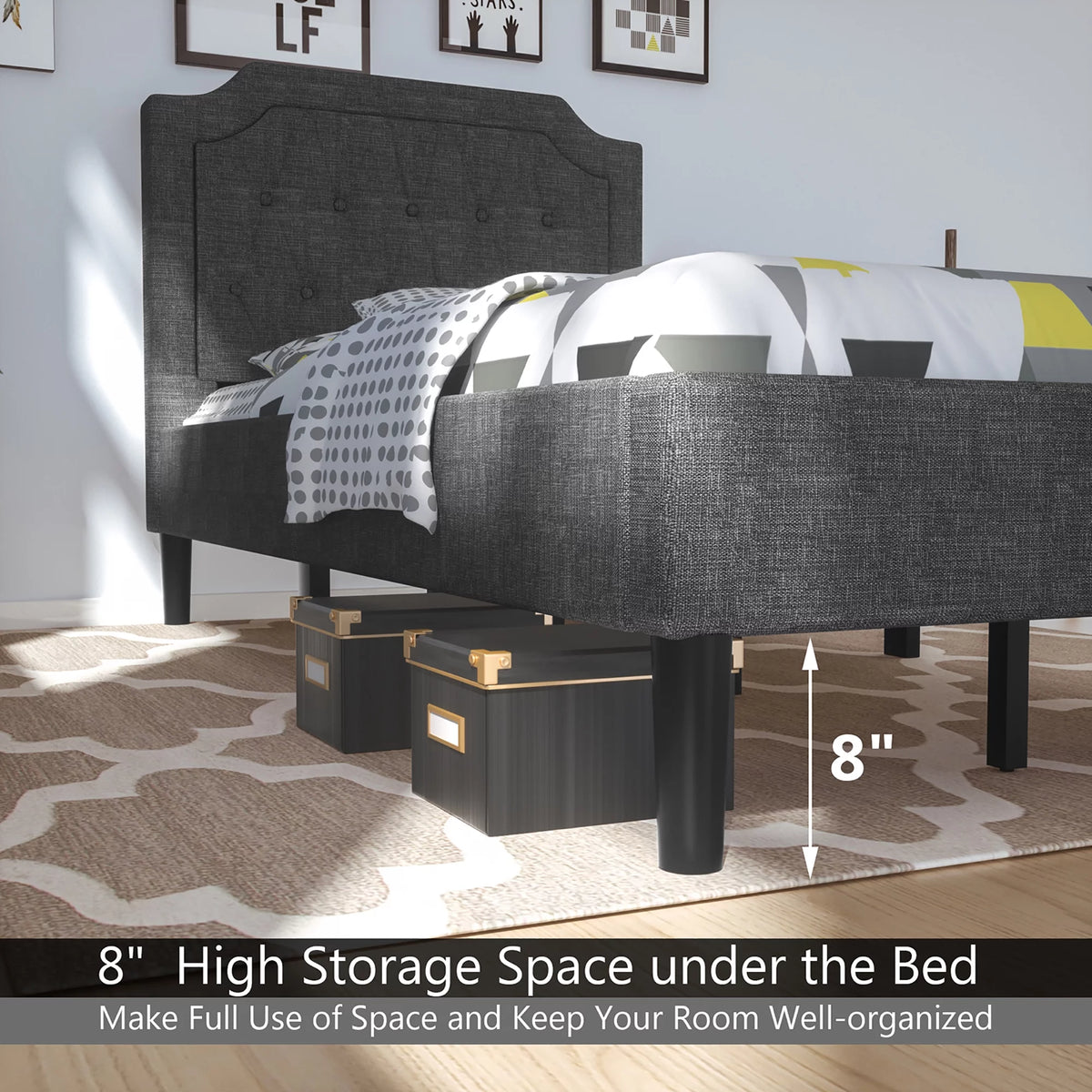 Twin Upholstered Platform Bed Frame with Linen Headboard, Grey G34101