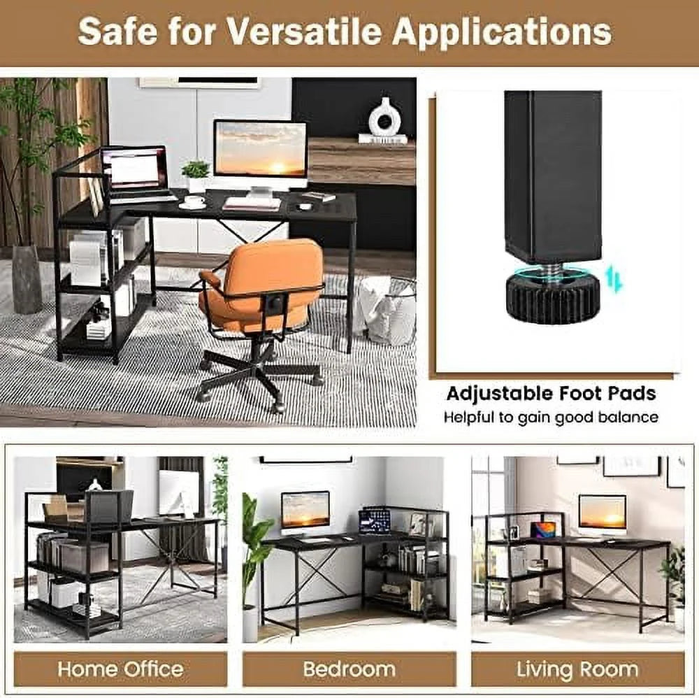 Reversible L-Shaped Corner Desk with 3-Tier Shelves U732055