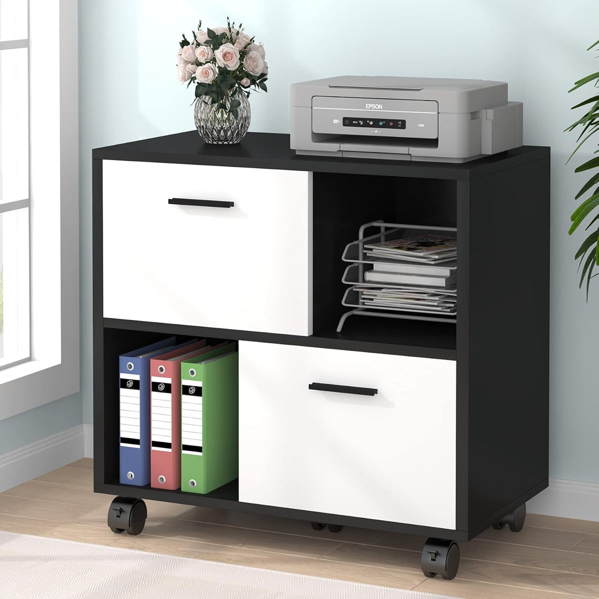Black & White 2 Drawer Mobile File Cabinet with Wheels C52021
