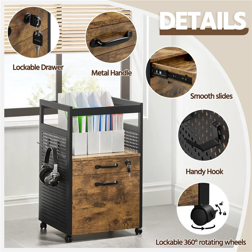 Industrial Rolling Wooden File Cabinet with Open Storage Shelf T28563