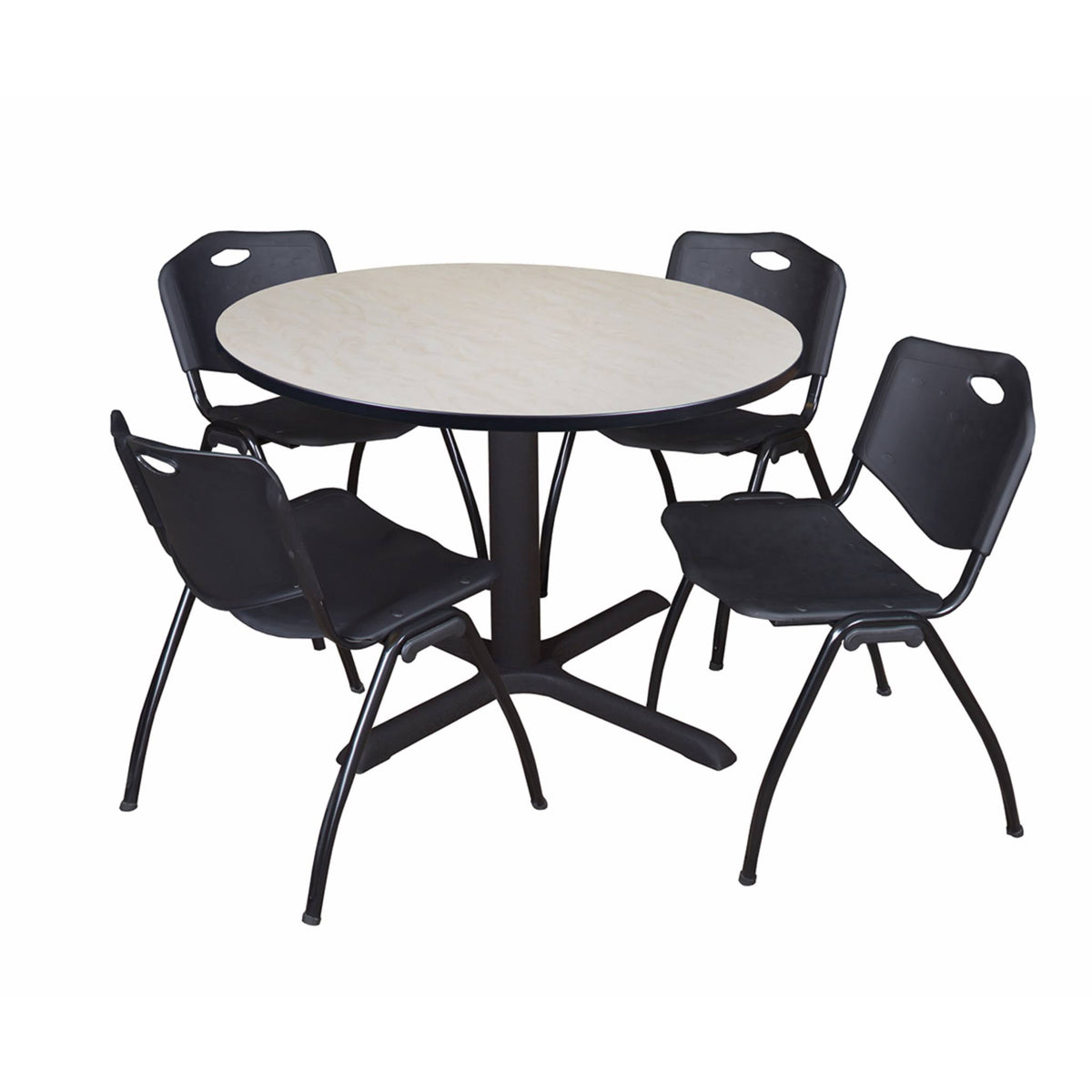 Maple Round Breakroom Table with 4 Grey Stack Chairs N52927