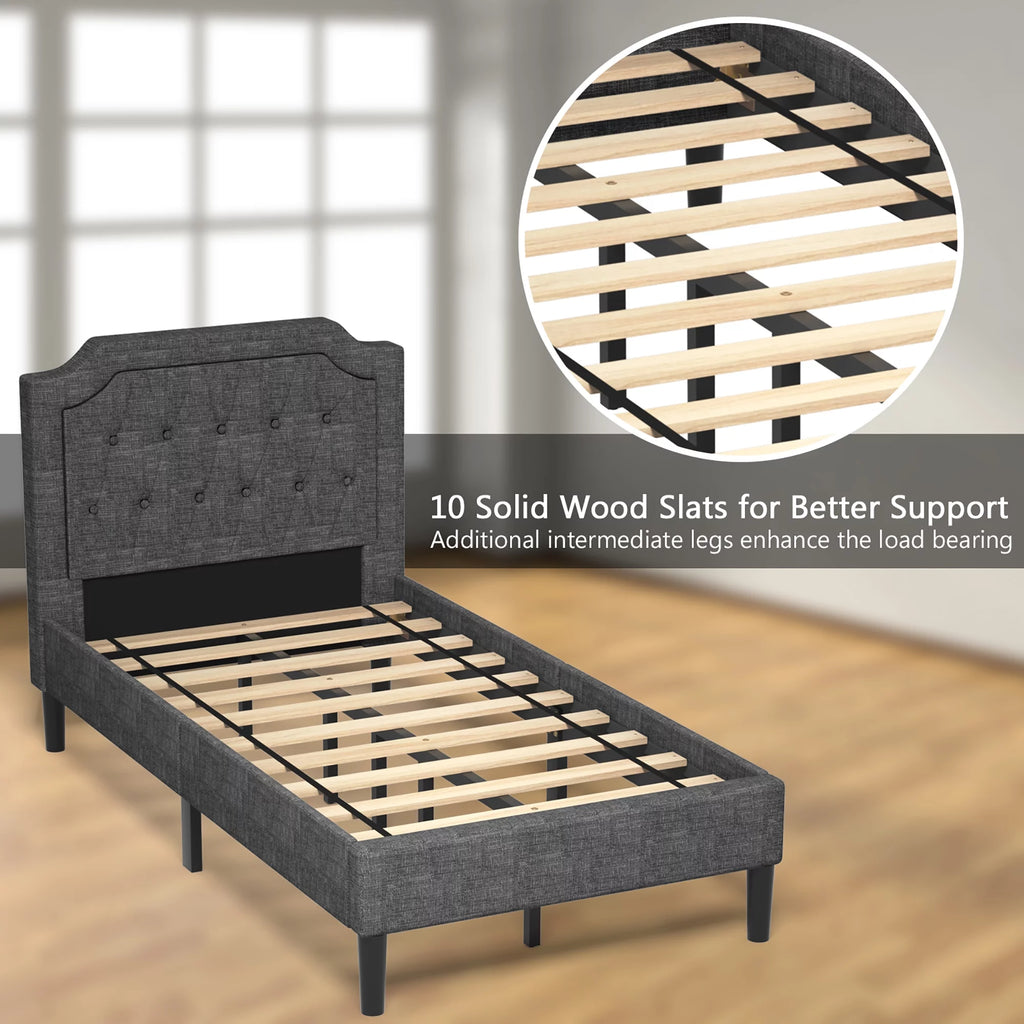 Twin Upholstered Platform Bed Frame with Linen Headboard, Grey G34101