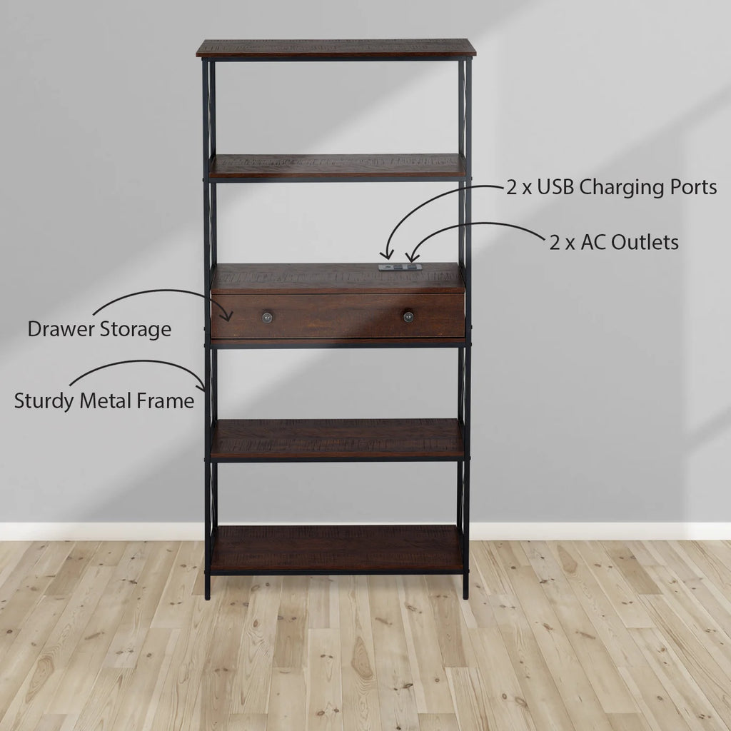 5 Shelf Bookcase with USB, AC Power Outlets and Drawer, Walnut J861594