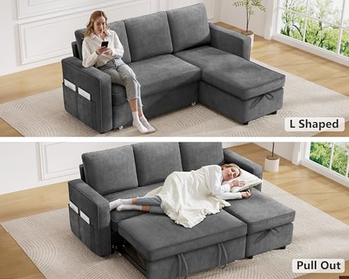 81" Chenille Grey L Shaped Sleeper Sofa with Pull Out Bed N820