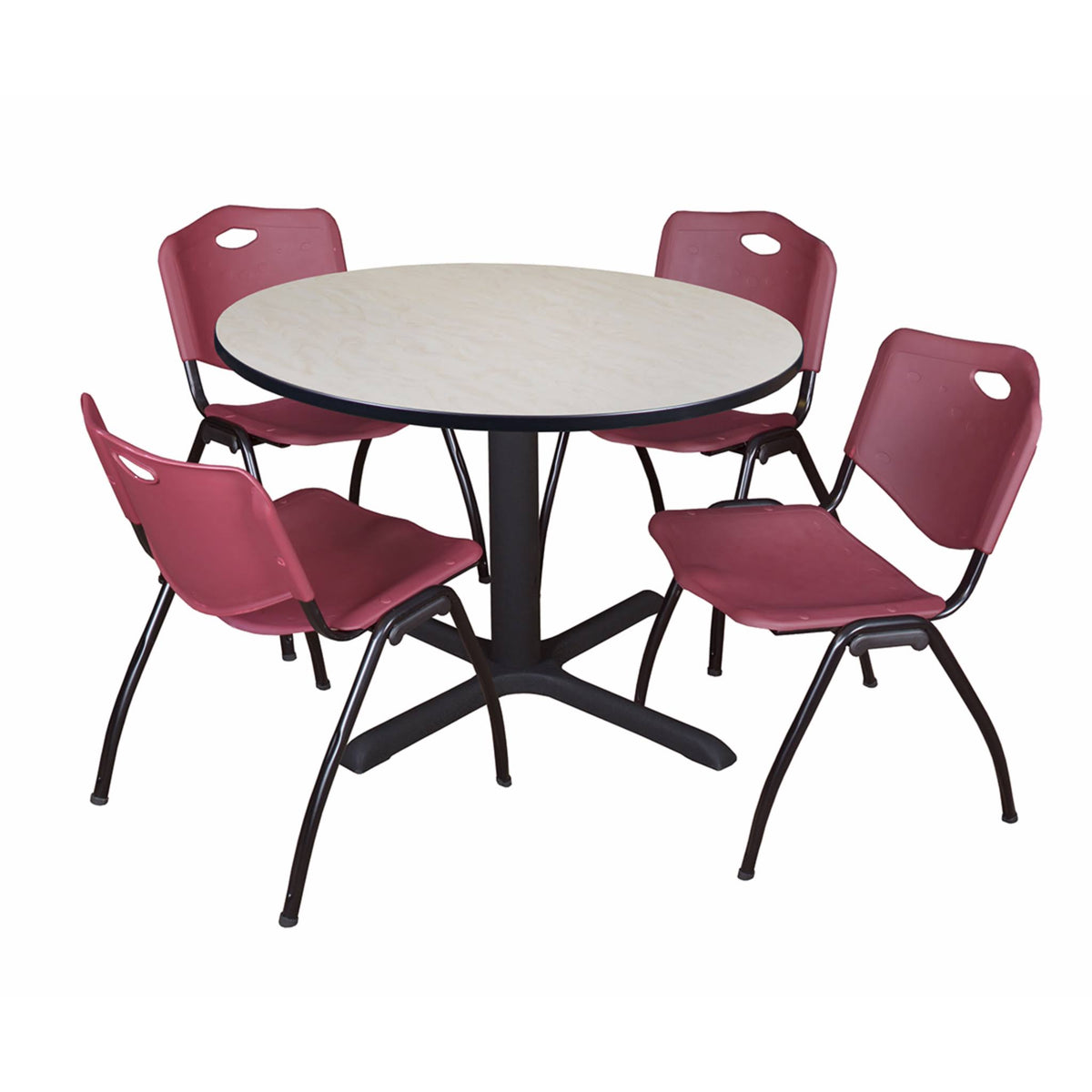 Maple Round Breakroom Table with 4 Grey Stack Chairs N52927