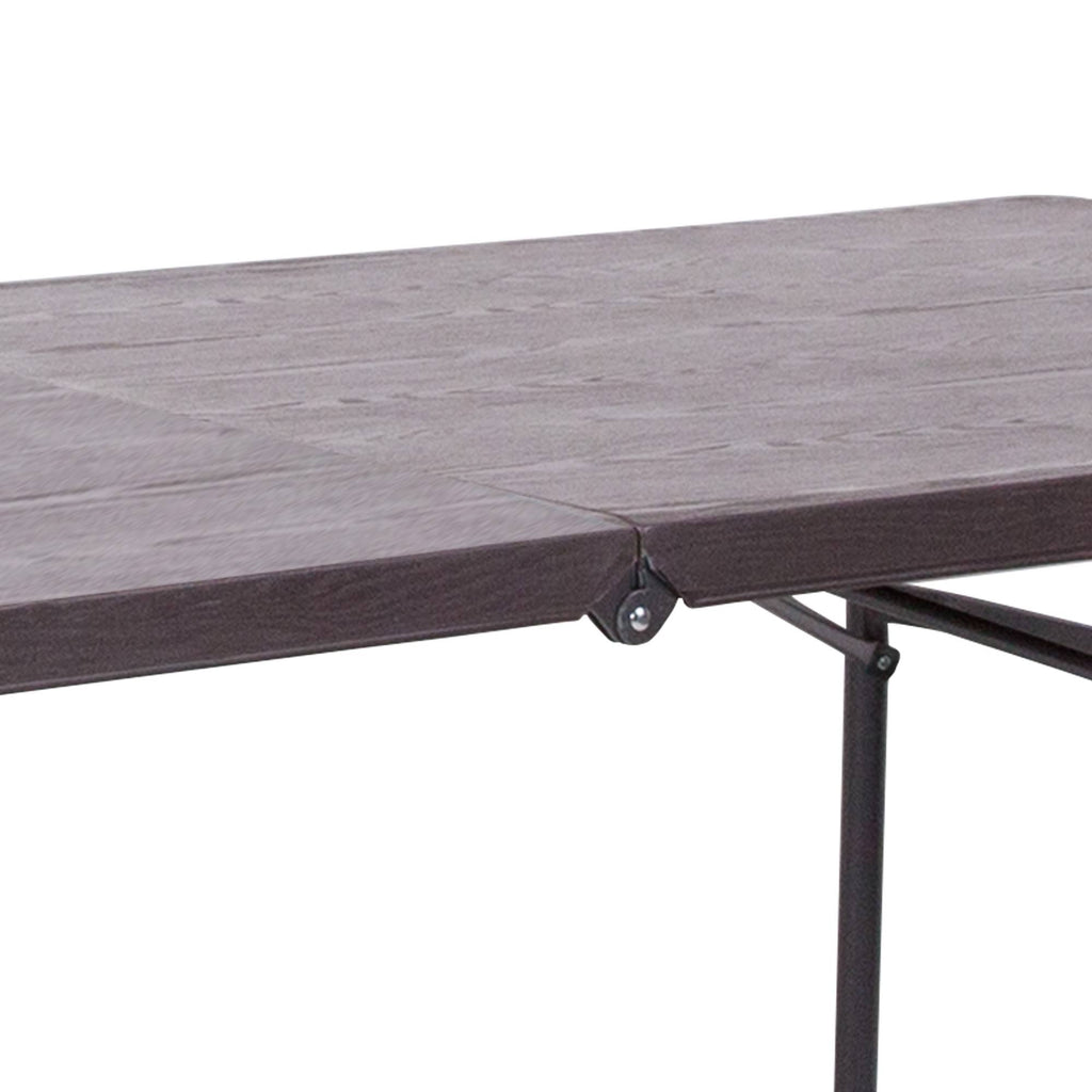 Brown Wood Grain Plastic Folding Table with Carrying Handle Q712