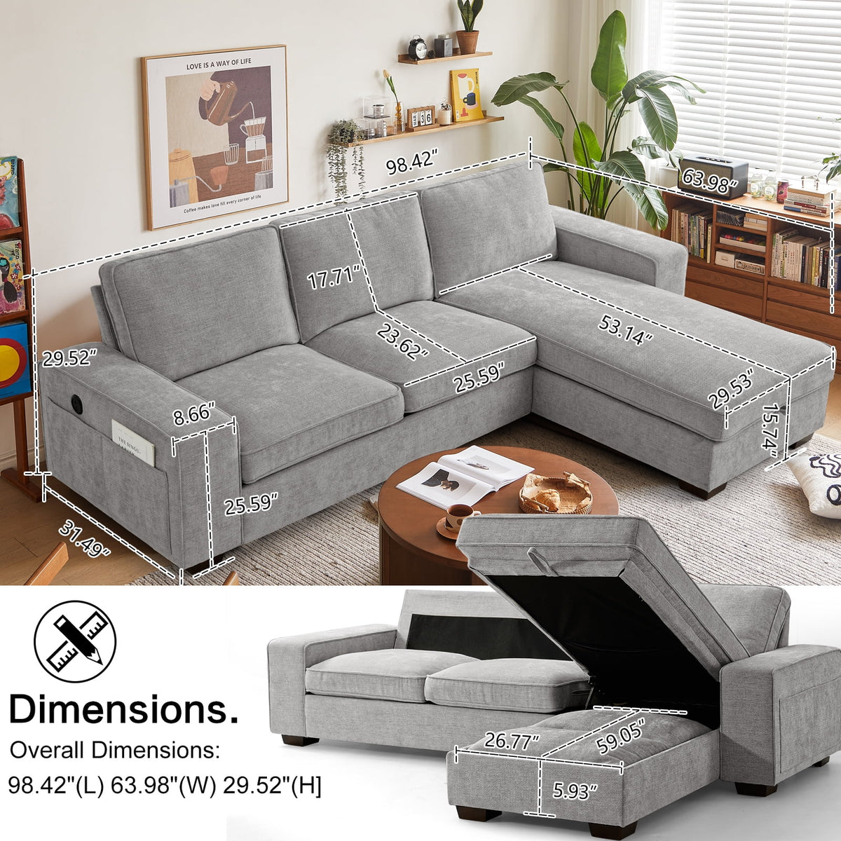 Convertible Sectional Sofa L Shaped Couch with USB and Type-C Charging Ports Y38635