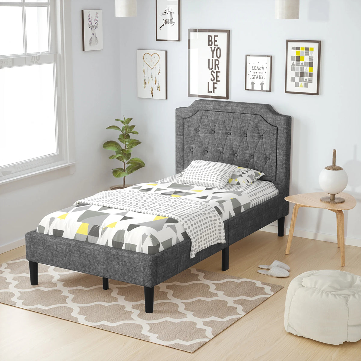 Twin Upholstered Platform Bed Frame with Linen Headboard, Grey G34101