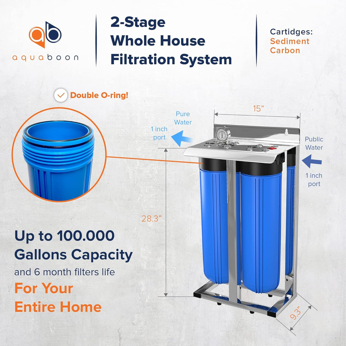 2-Stage Whole House Filtration System with Carbon Block and Sediment Filter Cartridges O924946