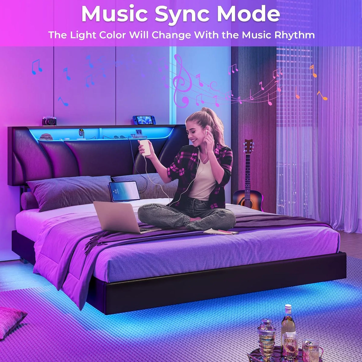 Black Queen Size LED Floating Platform Bed with Storage Headboard P27764