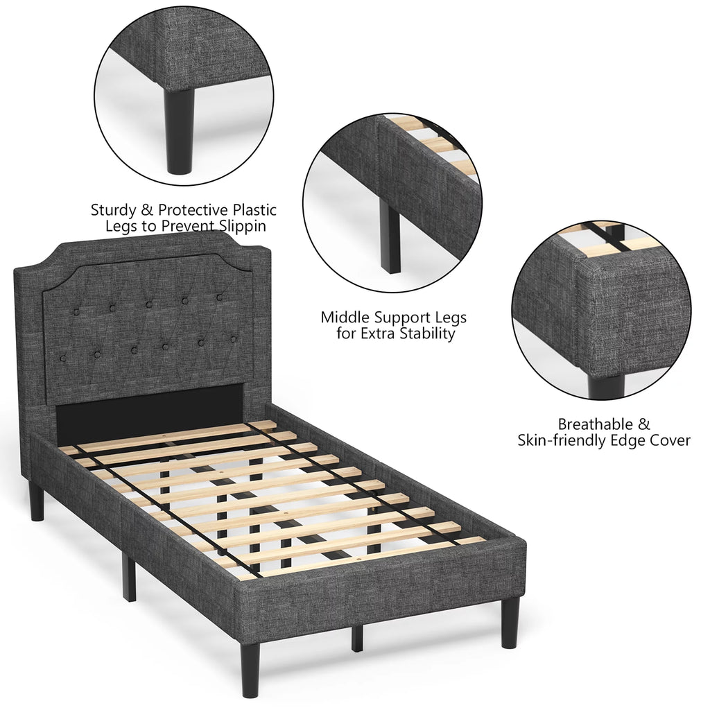 Twin Upholstered Platform Bed Frame with Linen Headboard, Grey G34101