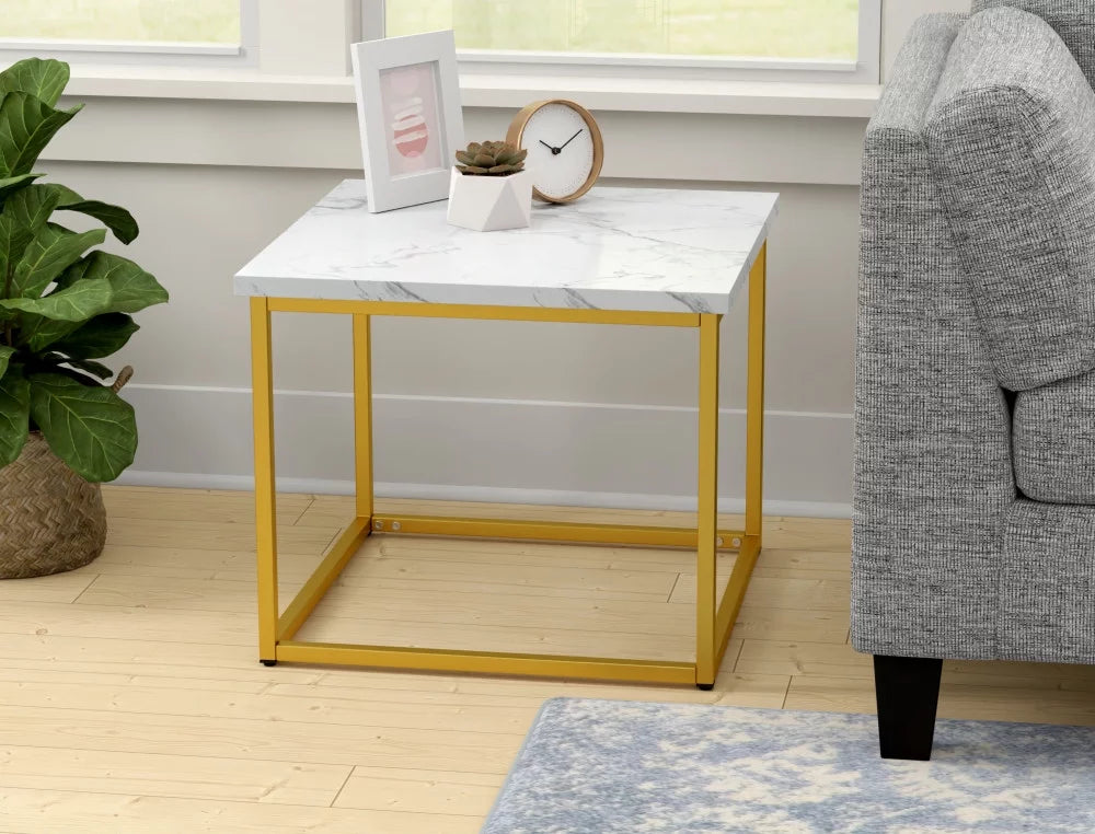 White Marble And Gold Square End Table with Metal Frame P71982