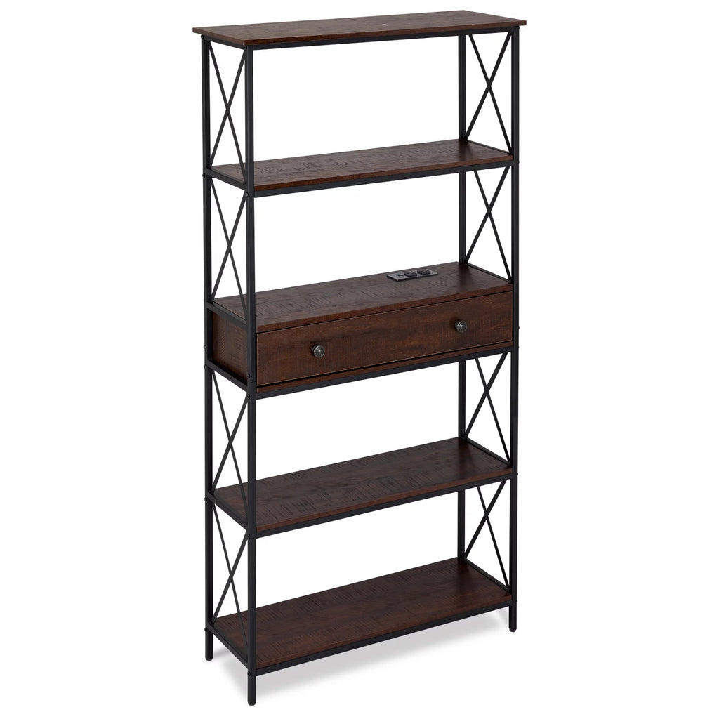 5 Shelf Bookcase with USB, AC Power Outlets and Drawer, Walnut J861594
