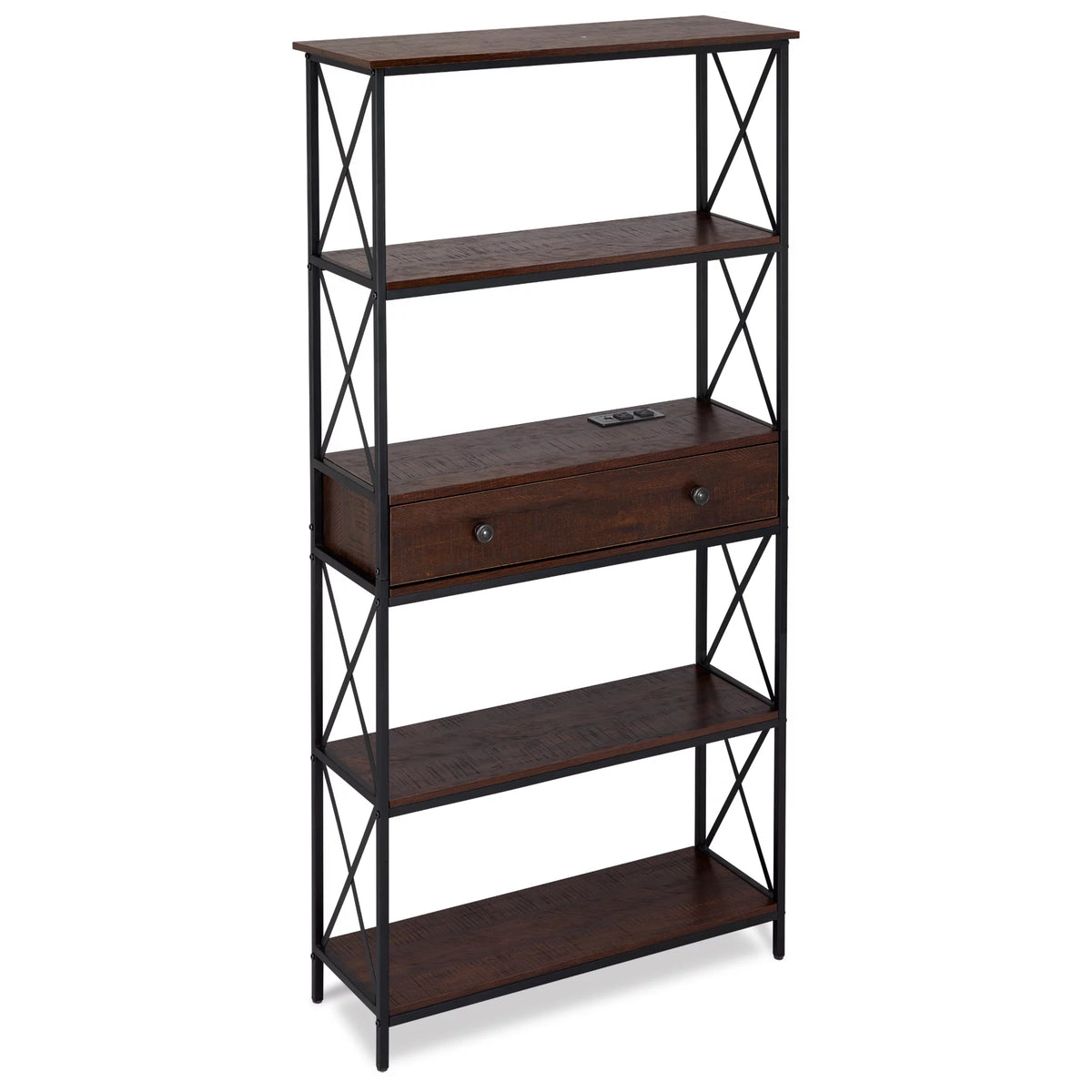 5 Shelf Bookcase with USB, AC Power Outlets and Drawer, Walnut J861594