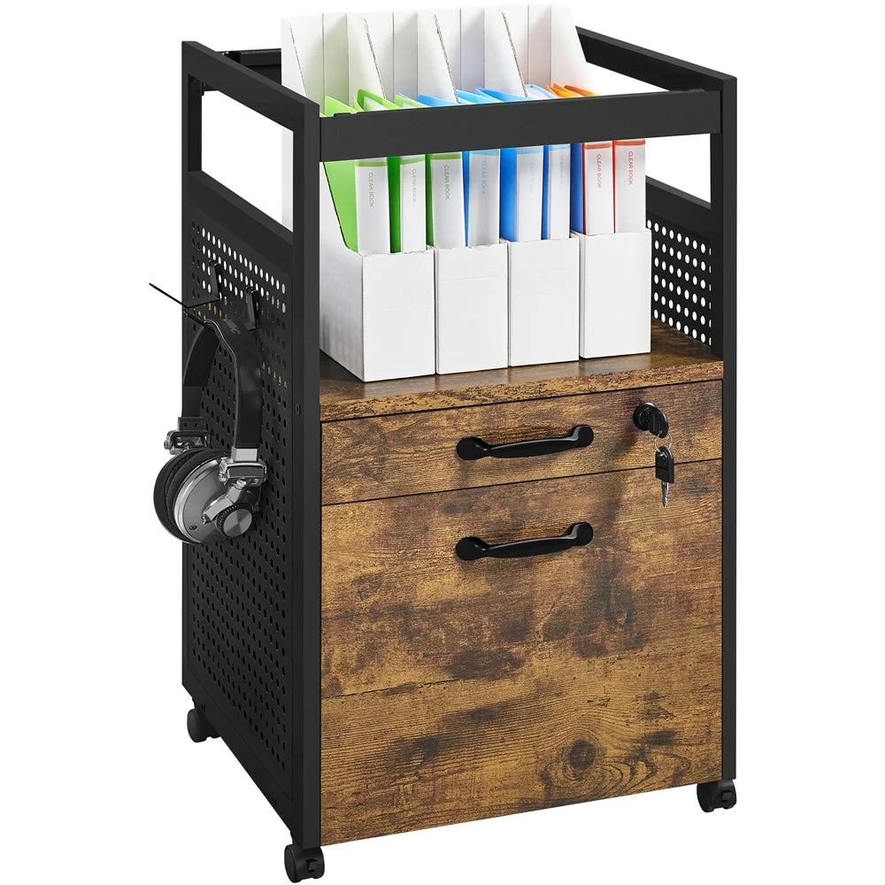 Industrial Rolling Wooden File Cabinet with Open Storage Shelf T28563