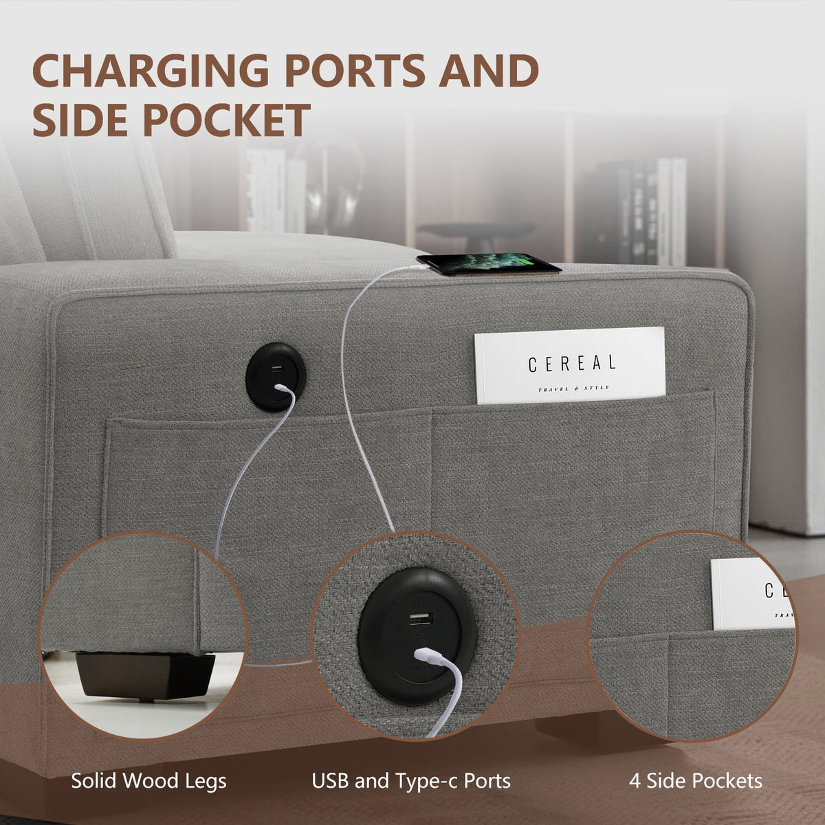 Convertible Sectional Sofa L Shaped Couch with USB and Type-C Charging Ports Y38635