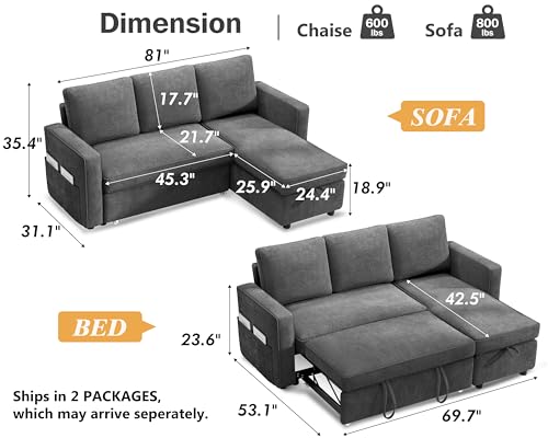 81" Chenille Grey L Shaped Sleeper Sofa with Pull Out Bed N820
