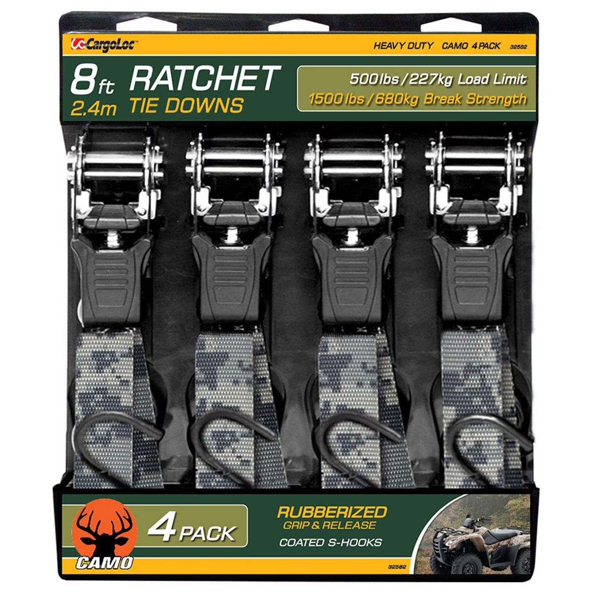 8 Ft x 1 In 1500 Lb Ratchet Tie Down Straps with S Hooks (4 Pack) L931