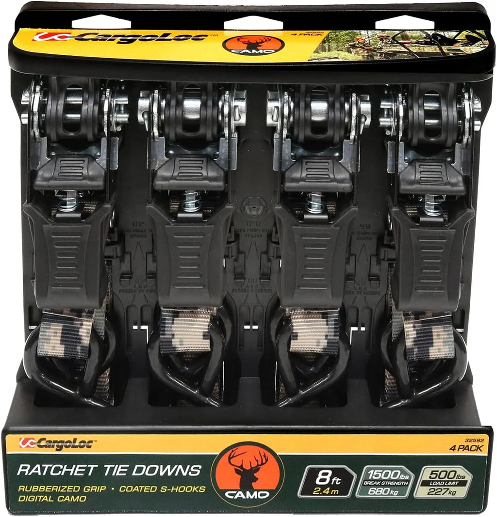 8 Ft x 1 In 1500 Lb Ratchet Tie Down Straps with S Hooks (4 Pack) L931