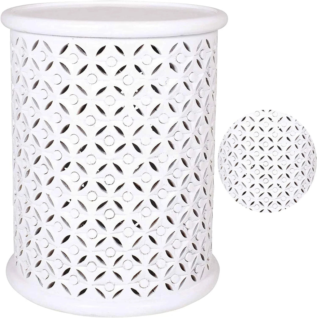White Solid Wood Drum End Table K246531