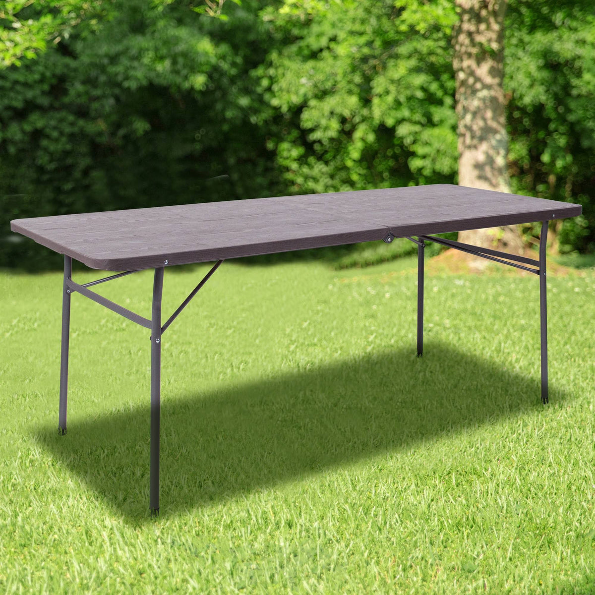 Brown Wood Grain Plastic Folding Table with Carrying Handle Q712