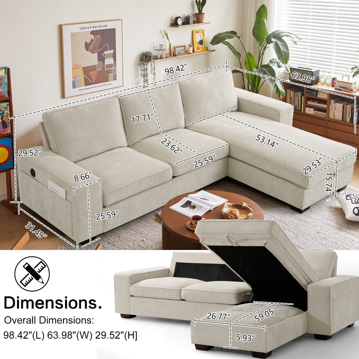 Convertible Sectional Sofa L Shaped Couch with USB and Type-C Charging Ports Y38635