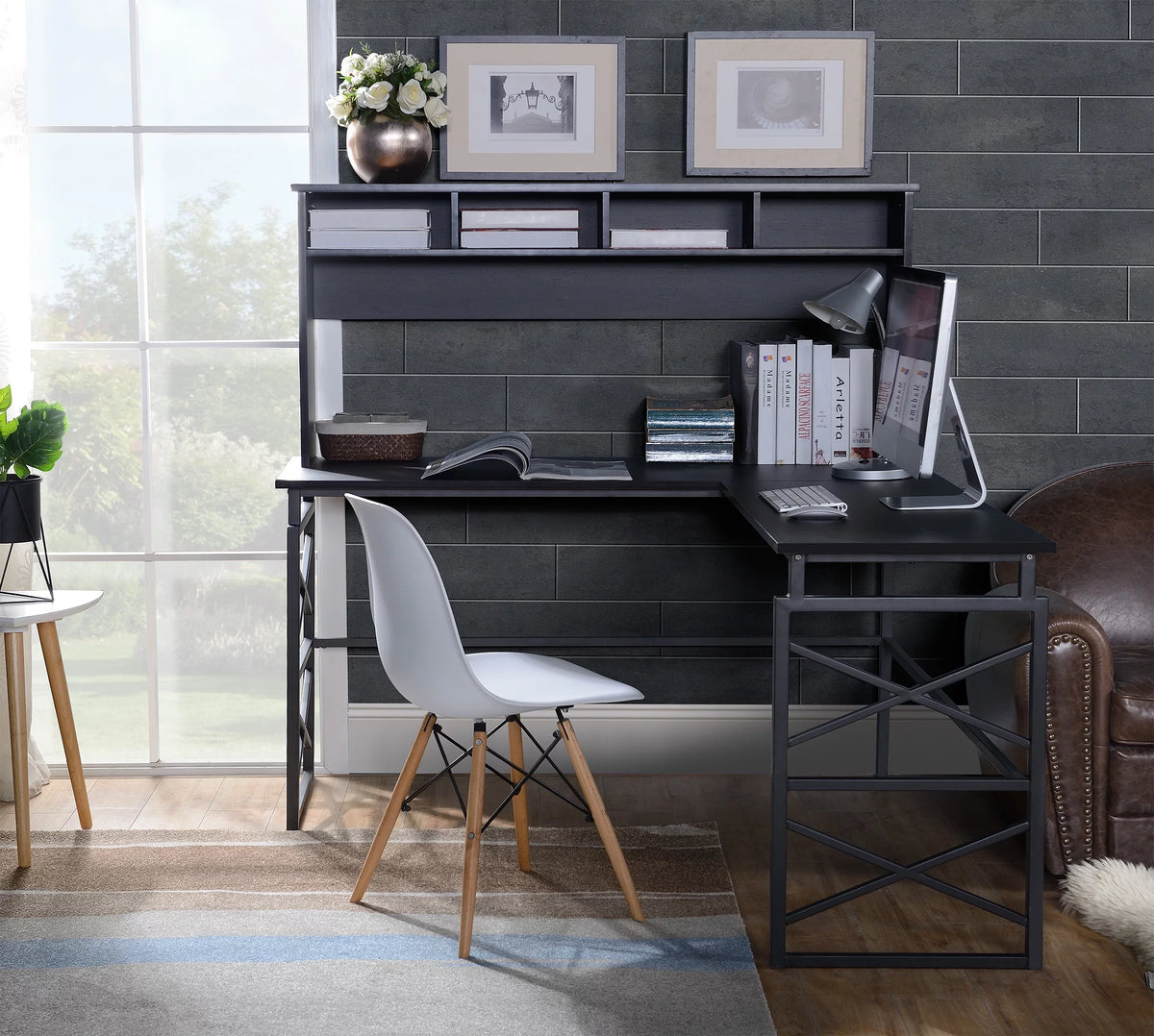 Dark Brown Wood L Desk with Metal Base H153313