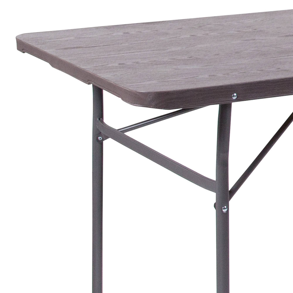 Brown Wood Grain Plastic Folding Table with Carrying Handle Q712