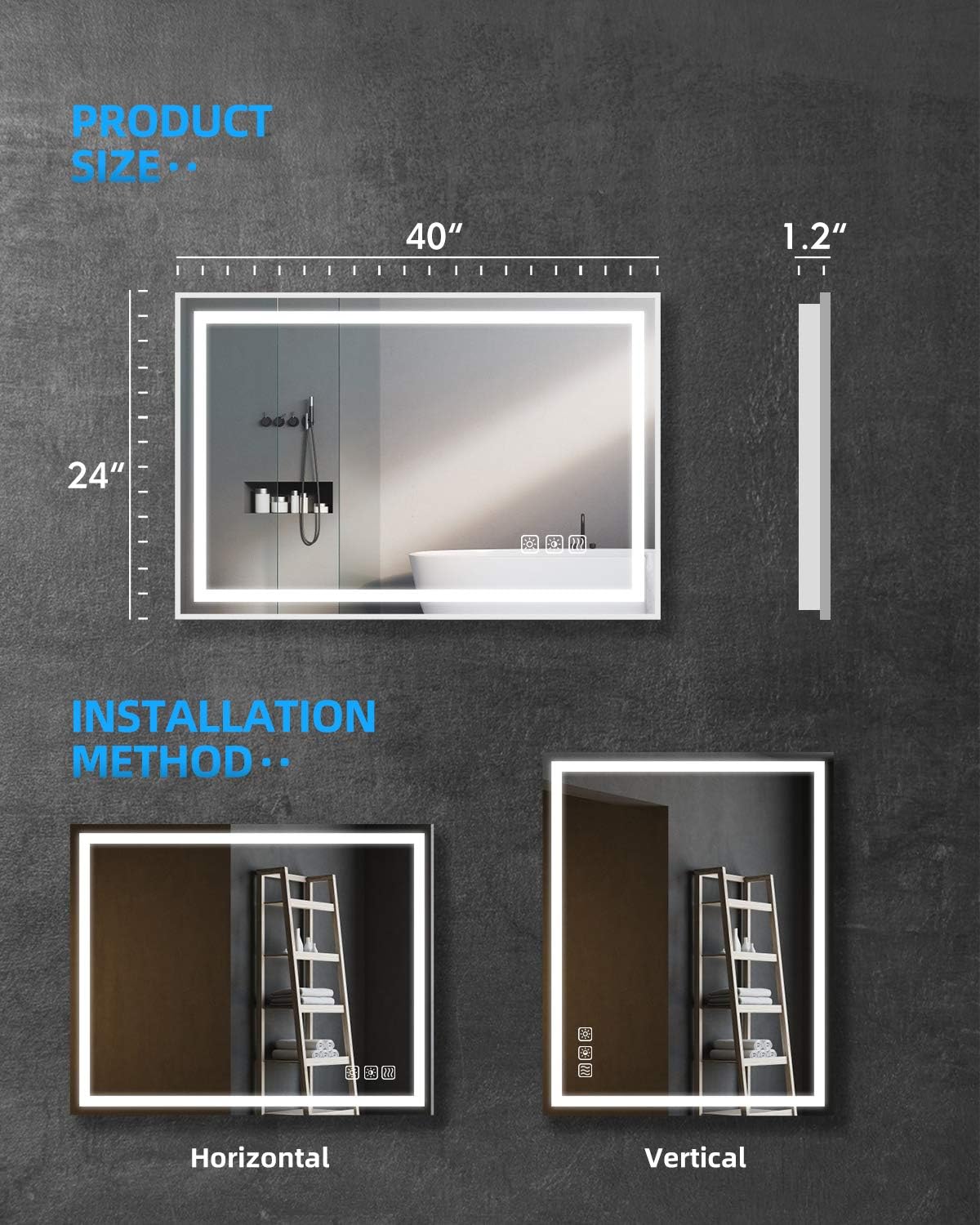24 x 40 Inch LED Dimmable Anti-Fog Wall Mounted Vanity Mirror U211