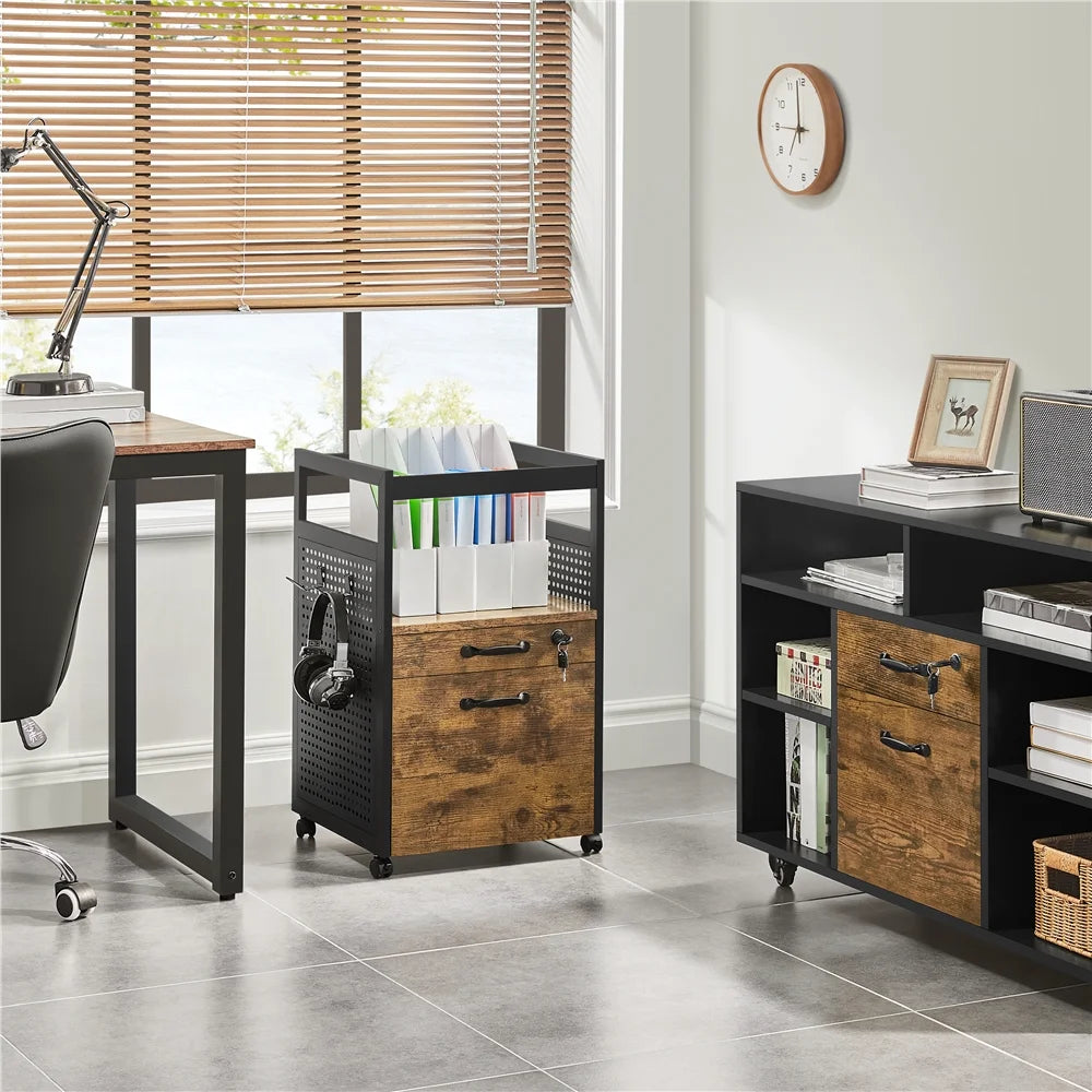 Industrial Rolling Wooden File Cabinet with Open Storage Shelf T28563