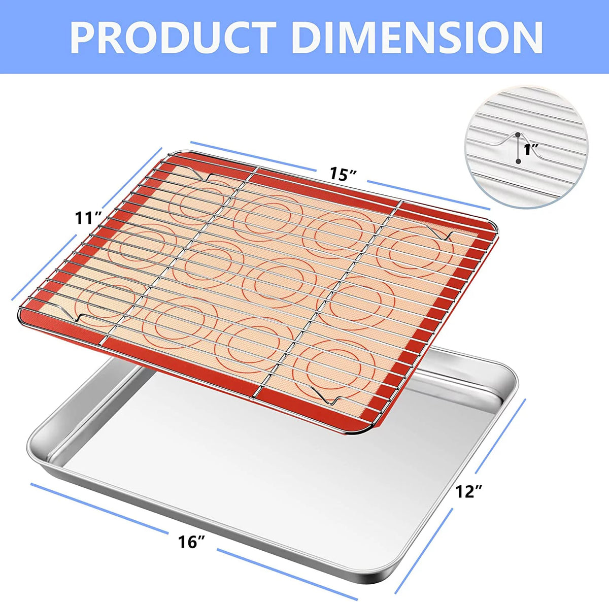 16 inch Stainless Steel Baking Sheet with Rack & Mat Set of 6 V12327