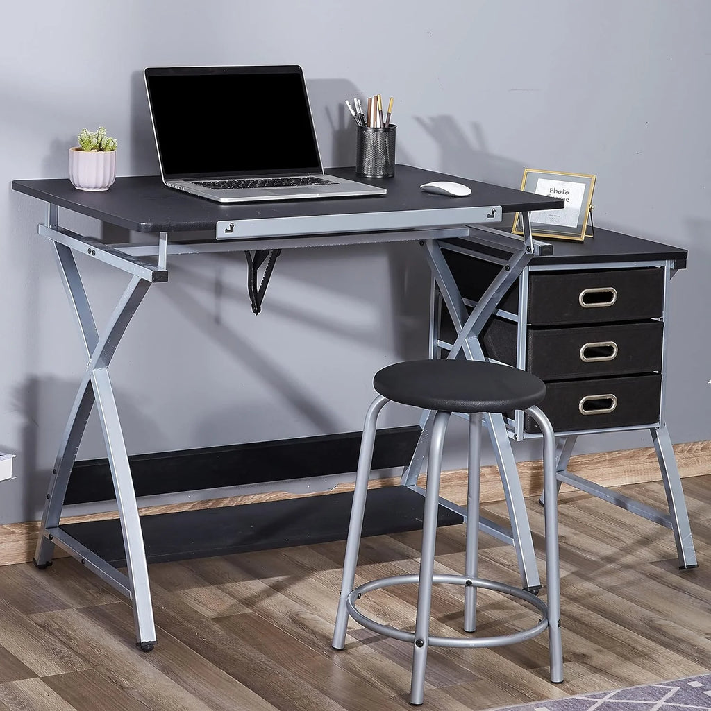 Black Adjustable Drafting Table with Stool and Storage Drawers F369
