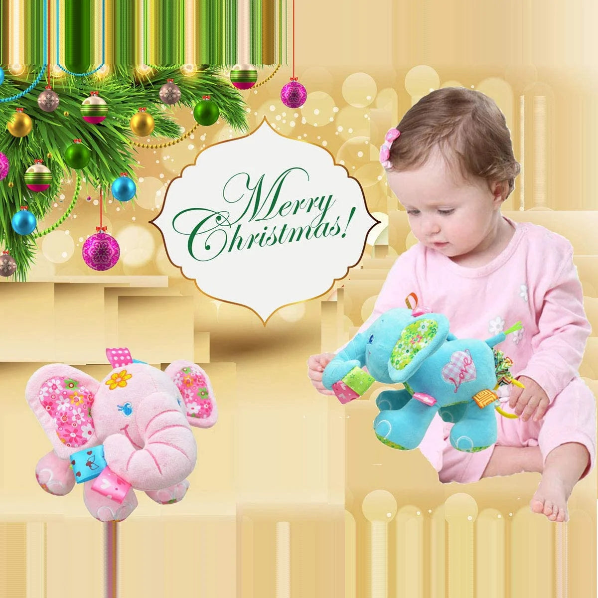 Baby Musical Stroller Toys Elephant Plush Stuffed Infant Toy with Musical Box, Squeaky Feet, BPA Free Teether L7926