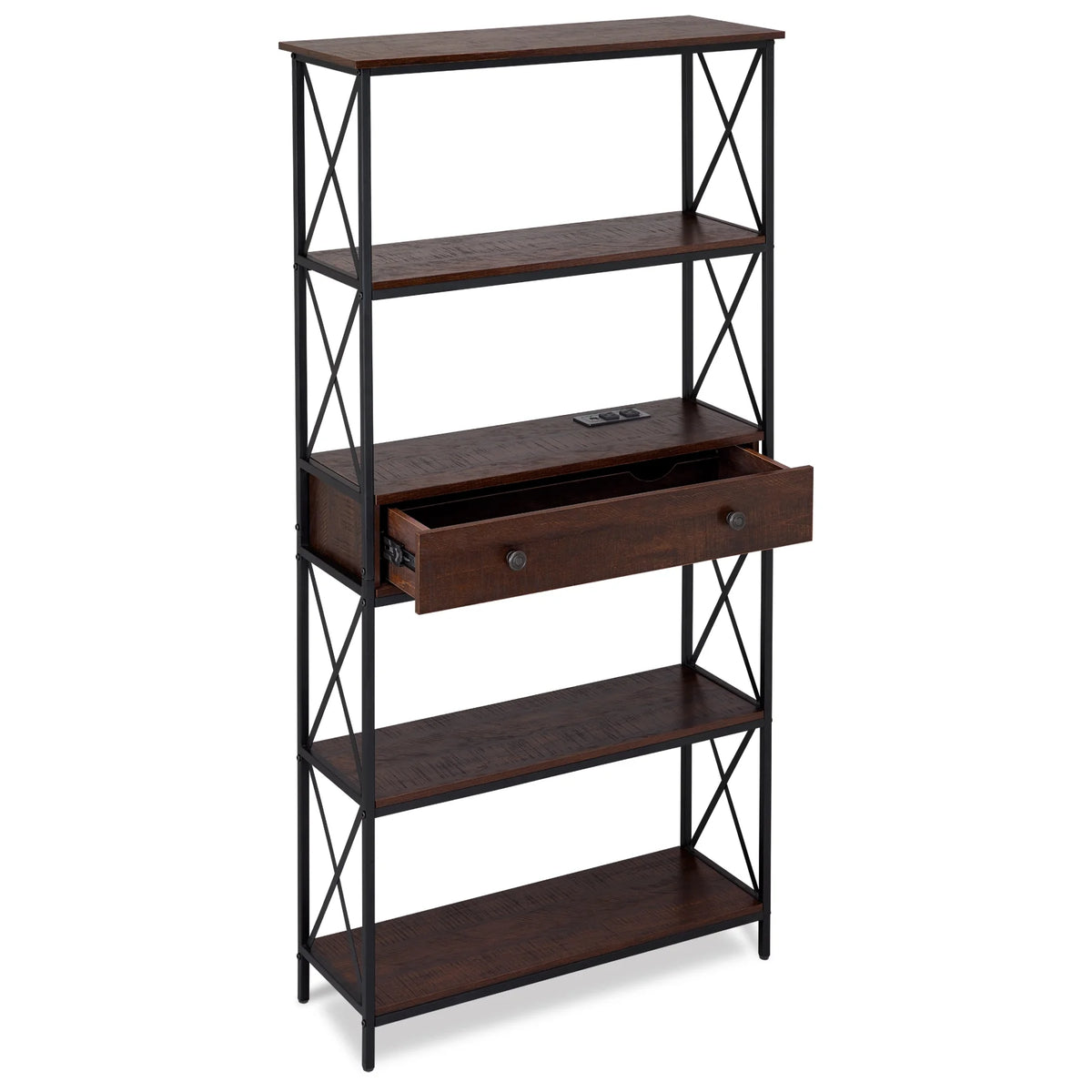 5 Shelf Bookcase with USB, AC Power Outlets and Drawer, Walnut J861594