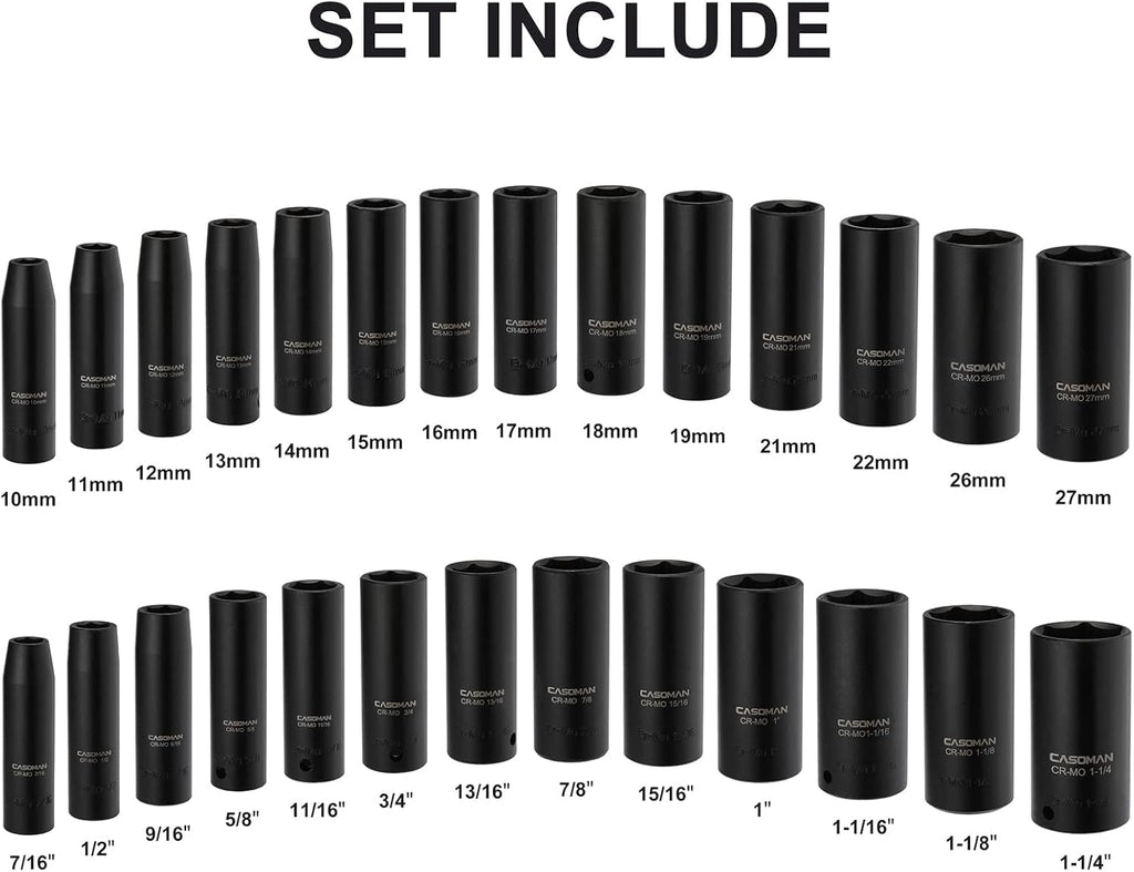 1/2-Inch 29 Pieces Deep Impact Socket Set, CR-MO, Metric & SAE B58018