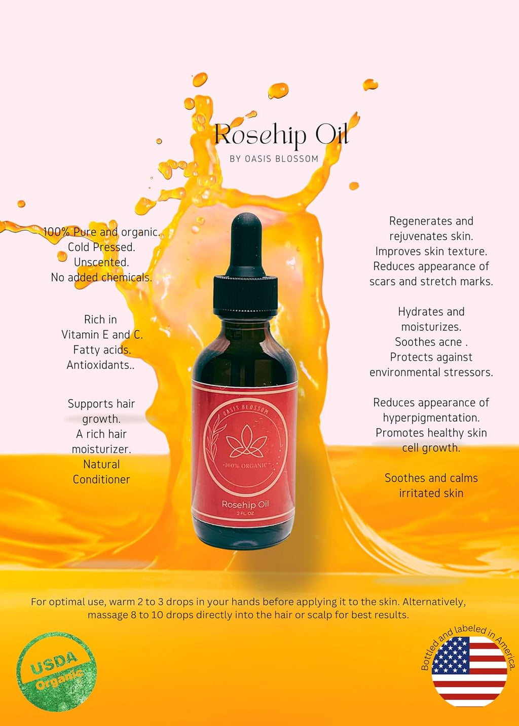 100% Pure Certified USDA Organic Cold Pressed Unrefined Rosehip Oil, 2 Fl Oz G9567