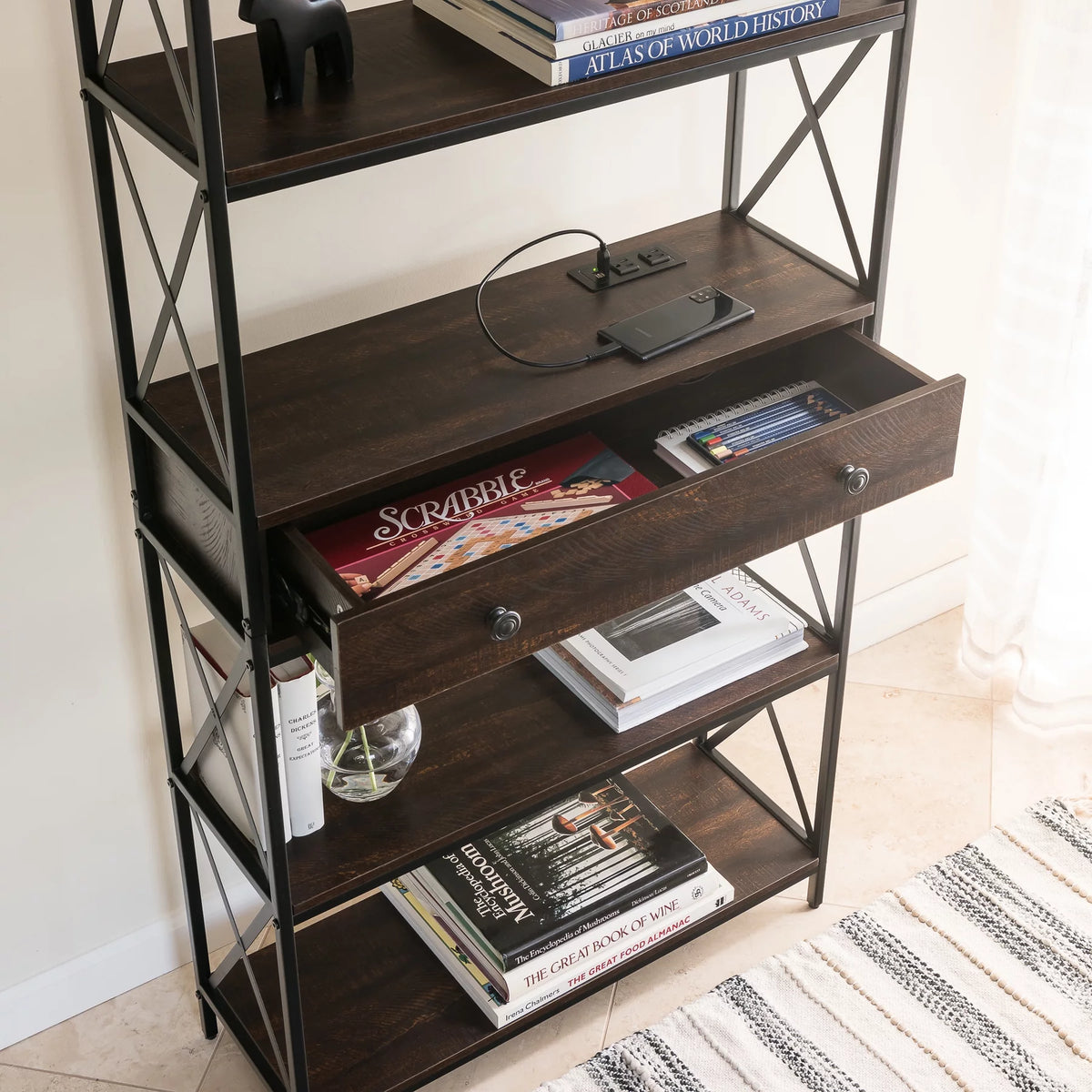 5 Shelf Bookcase with USB, AC Power Outlets and Drawer, Walnut J861594