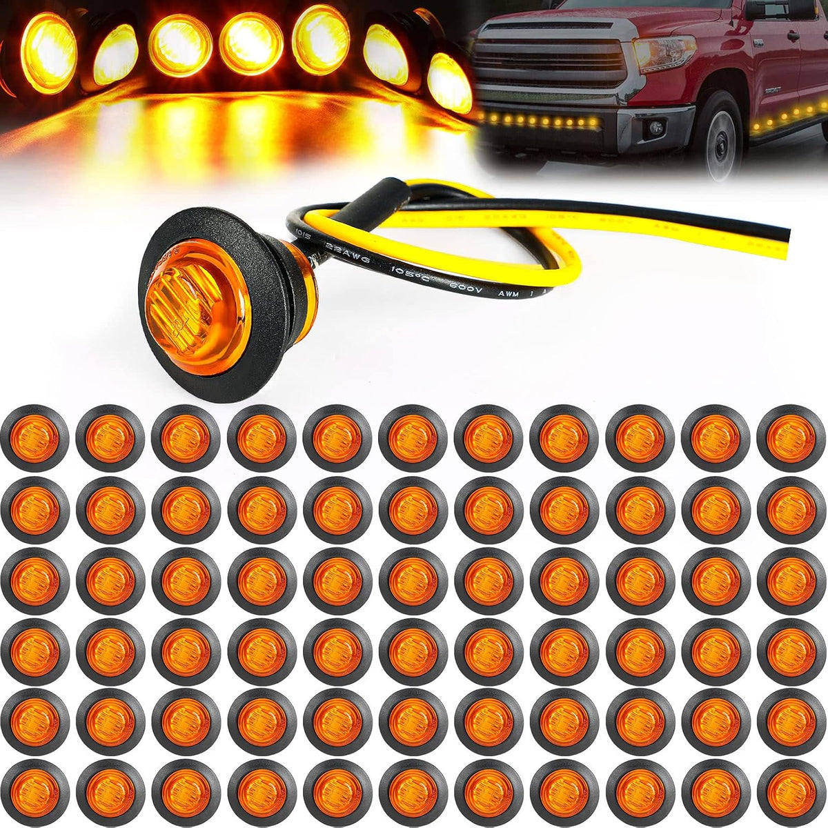 100 Pieces 3/4'' Round LED Side Marker Lights, 12V Amber Pack of 2 Z668869