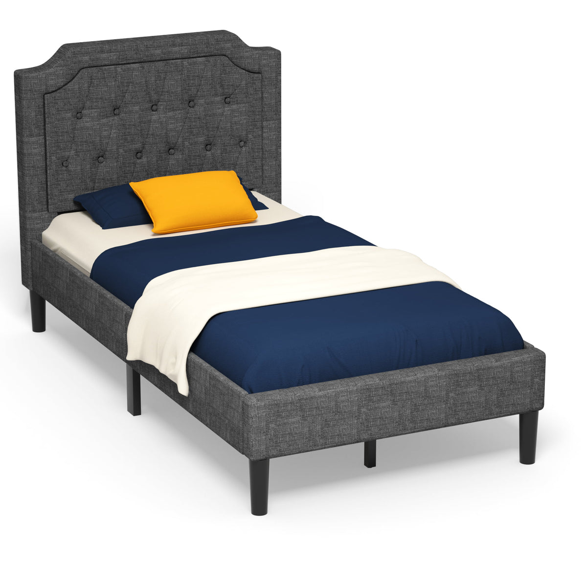 Twin Upholstered Platform Bed Frame with Linen Headboard, Grey G34101